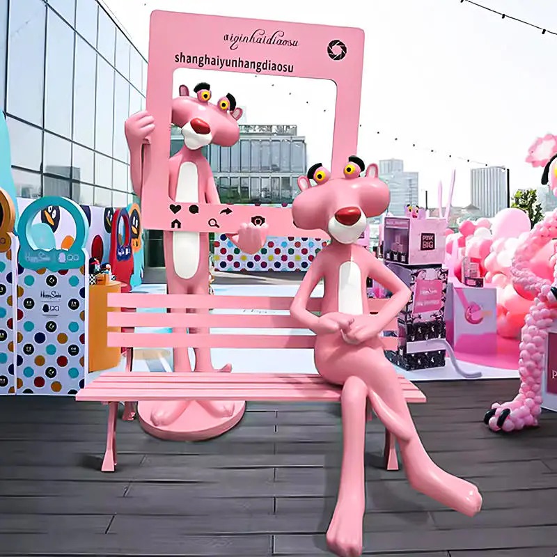 Outdoor Park Decorated With Glass Fiber Cartoon Pink Panther Statue Cartoon Sculpture